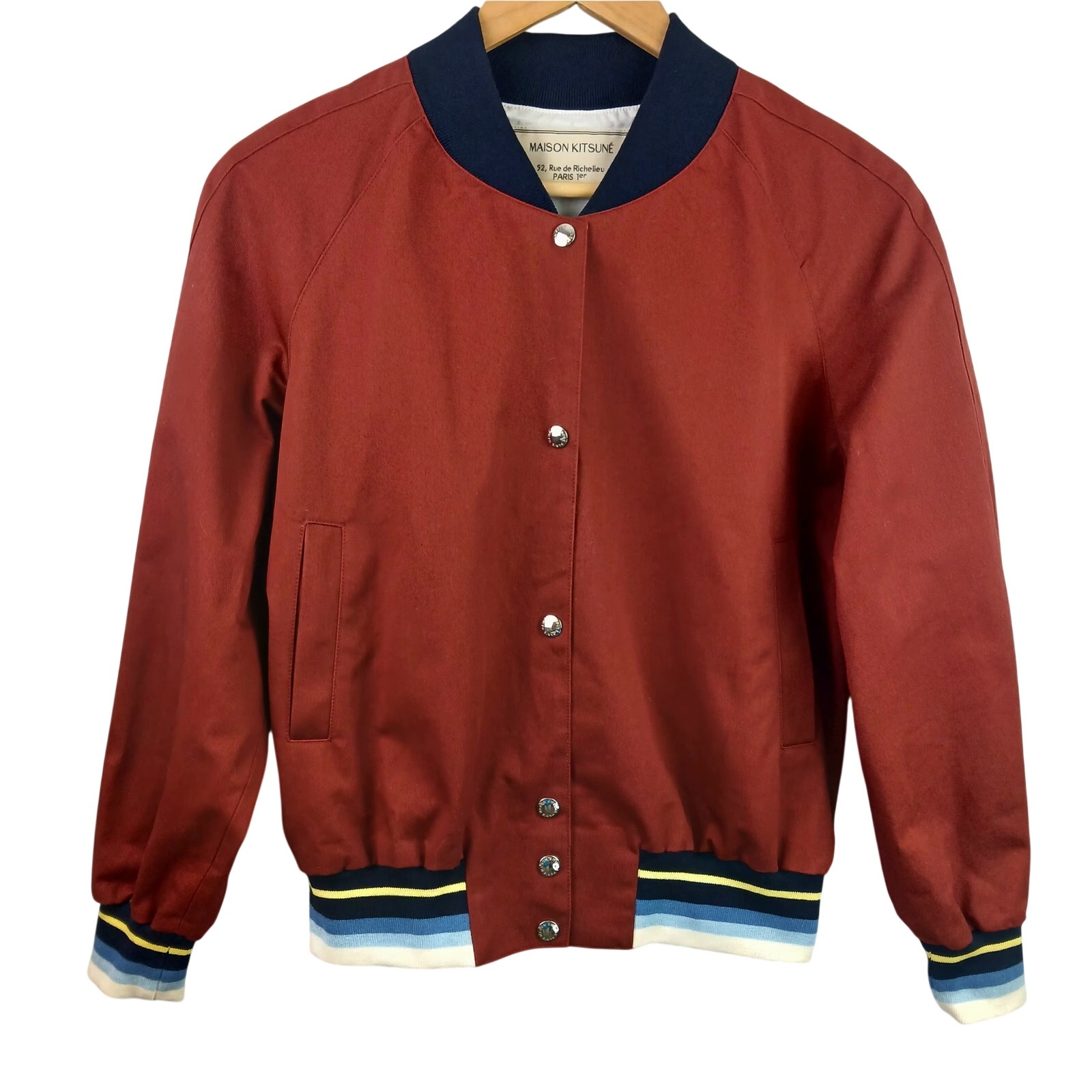 Maison Kitsun Varsity Jacket Red Snap Front Ribbed Trim Lined Sz S Euc